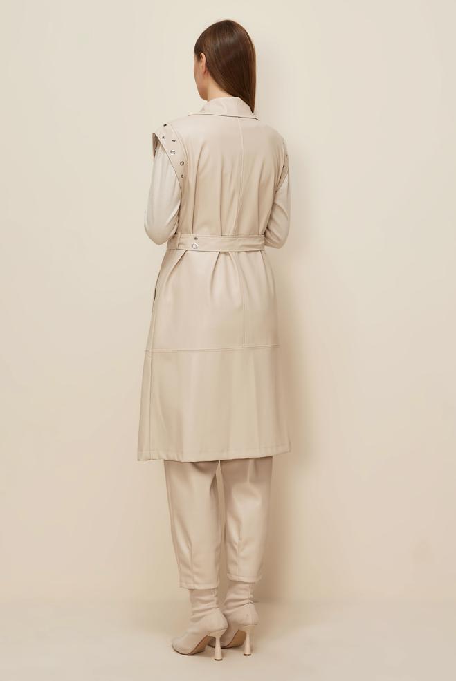 Tesettür giyim BEJ KEMERLİ DERİ YELEK 45922 - ALVİNA