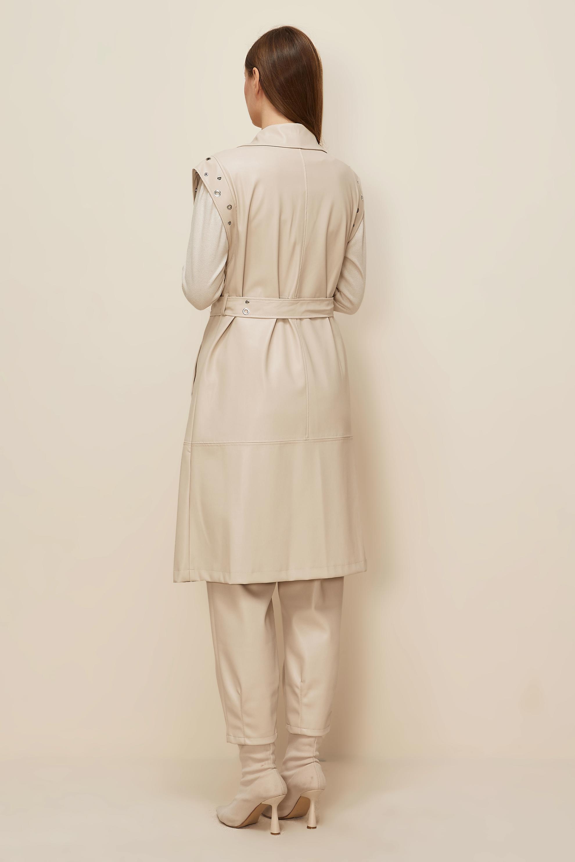 Tesettür giyim BEJ KEMERLİ DERİ YELEK 45922