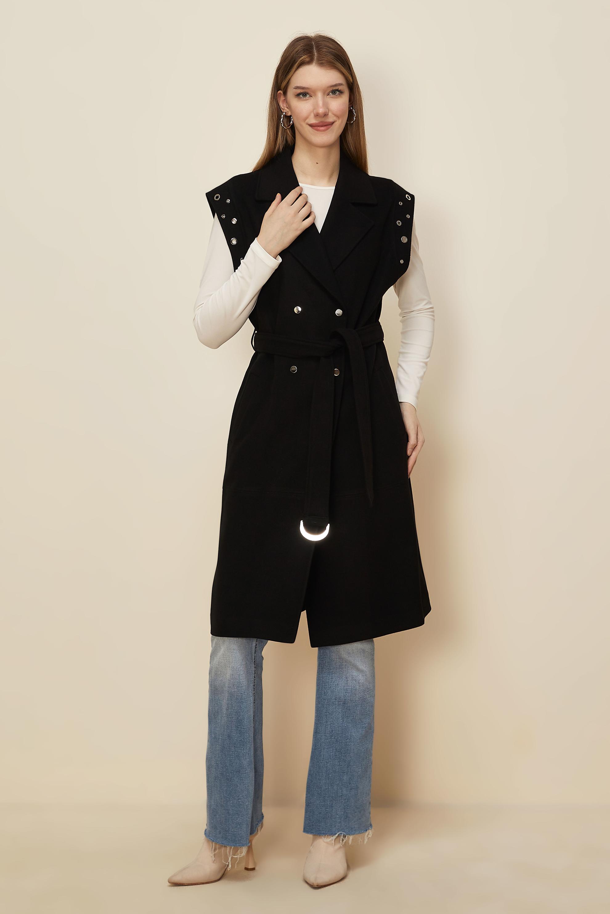 Tesettür giyim SİYAH KUŞAKLI KAŞE YELEK 45923