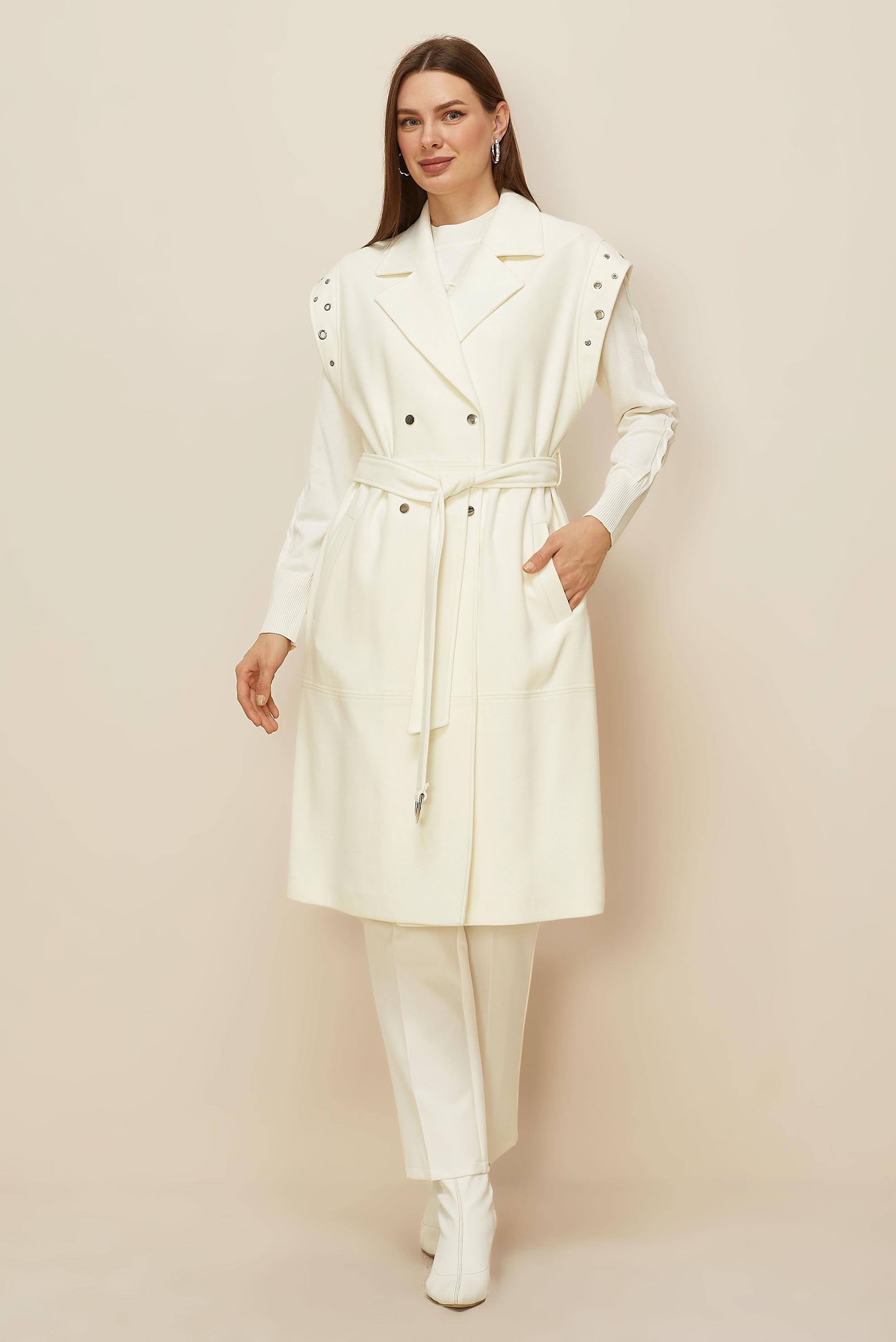 Tesettür giyim BEYAZ KAŞE KUŞAKLI YELEK 45923