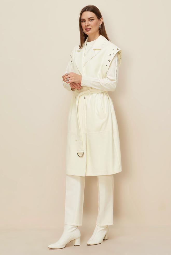 Tesettür giyim BEYAZ KAŞE KUŞAKLI YELEK 45923 - ALVİNA