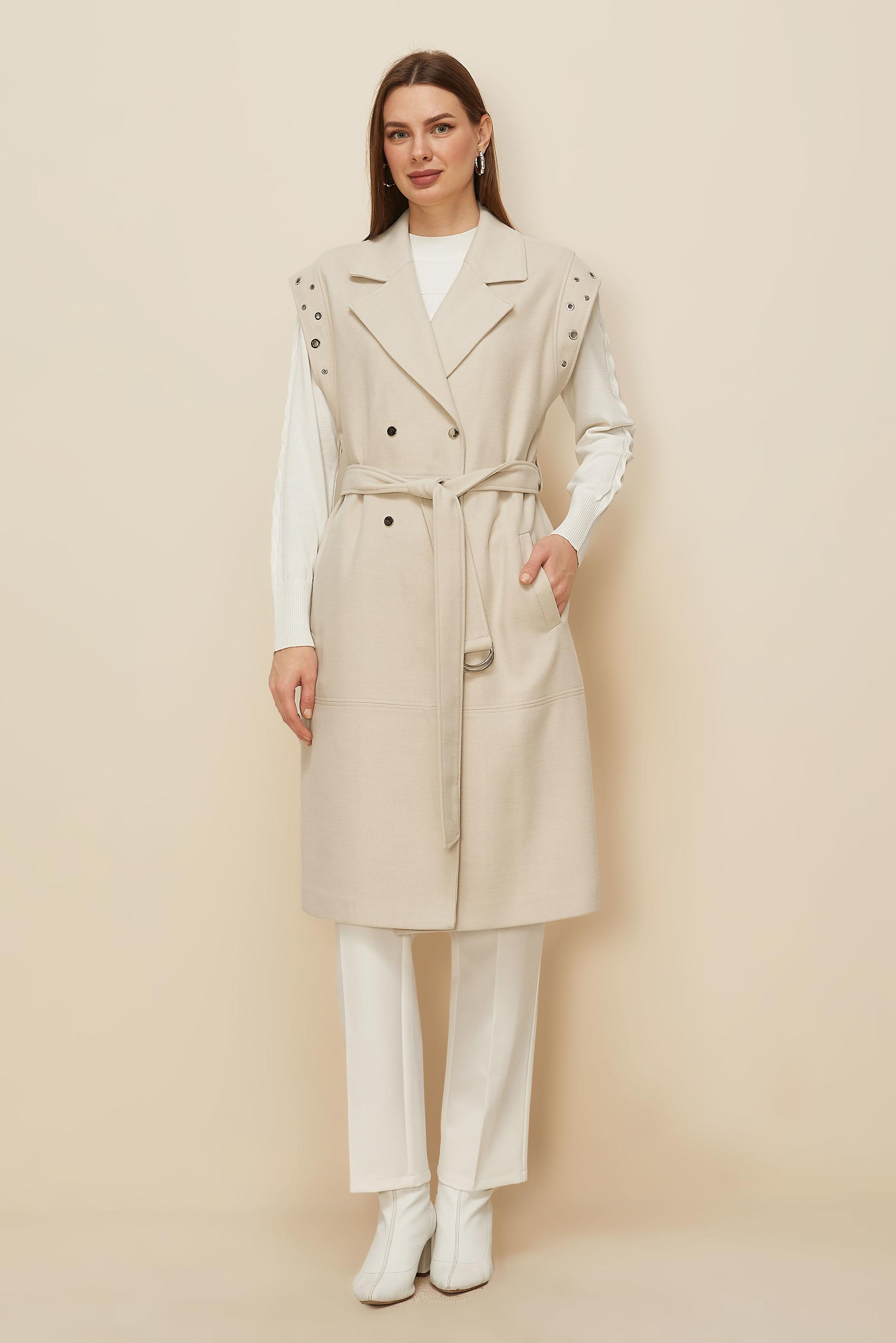 Tesettür giyim BEJ KAŞE KUŞAKLI YELEK 45923