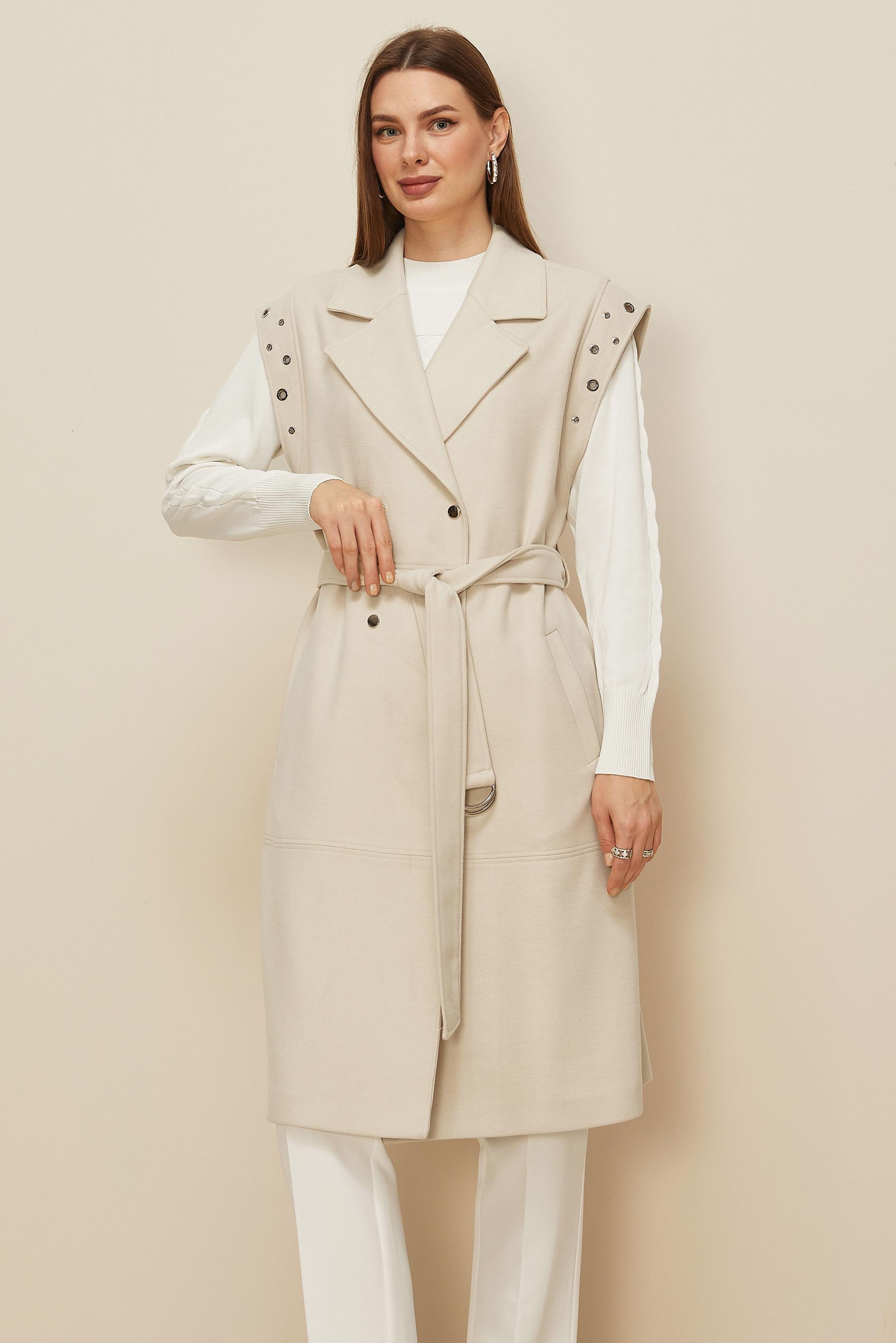 Tesettür giyim BEJ KAŞE KUŞAKLI YELEK 45923