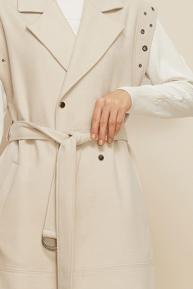 Tesettür giyim BEJ KAŞE KUŞAKLI YELEK 45923 - ALVİNA