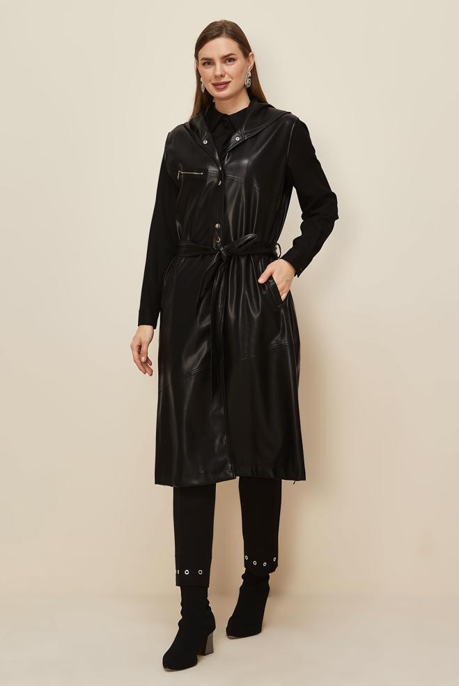 Tesettür giyim SİYAH KUŞAKLI SUNİ DERİ YELEK 45962 - ALVİNA