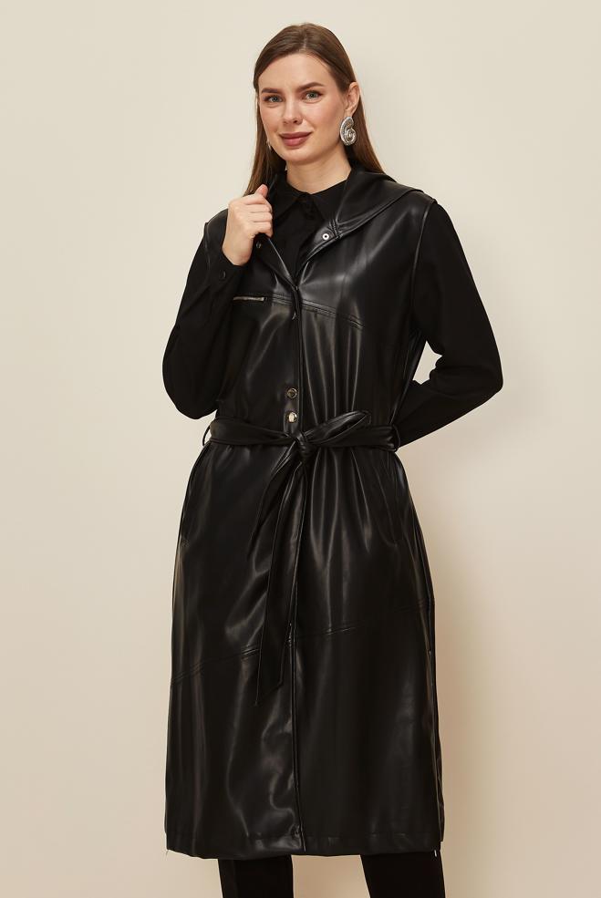 Tesettür giyim SİYAH KUŞAKLI SUNİ DERİ YELEK 45962 - ALVİNA