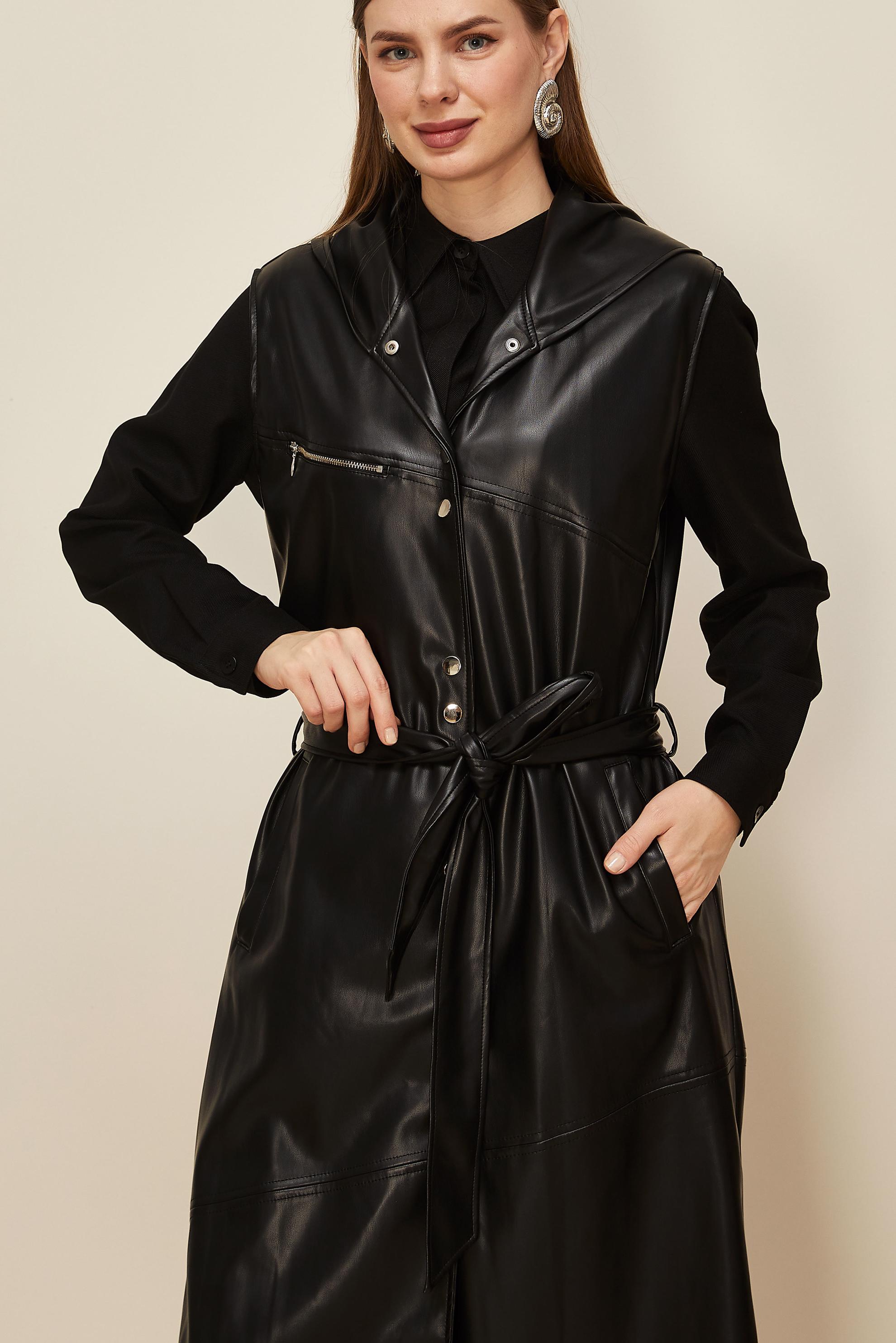 Tesettür giyim SİYAH KUŞAKLI SUNİ DERİ YELEK 45962