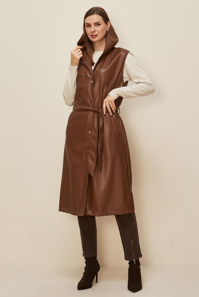 Tesettür giyim TABA KUŞAKLI SUNİ DERİ YELEK 45962 - ALVİNA