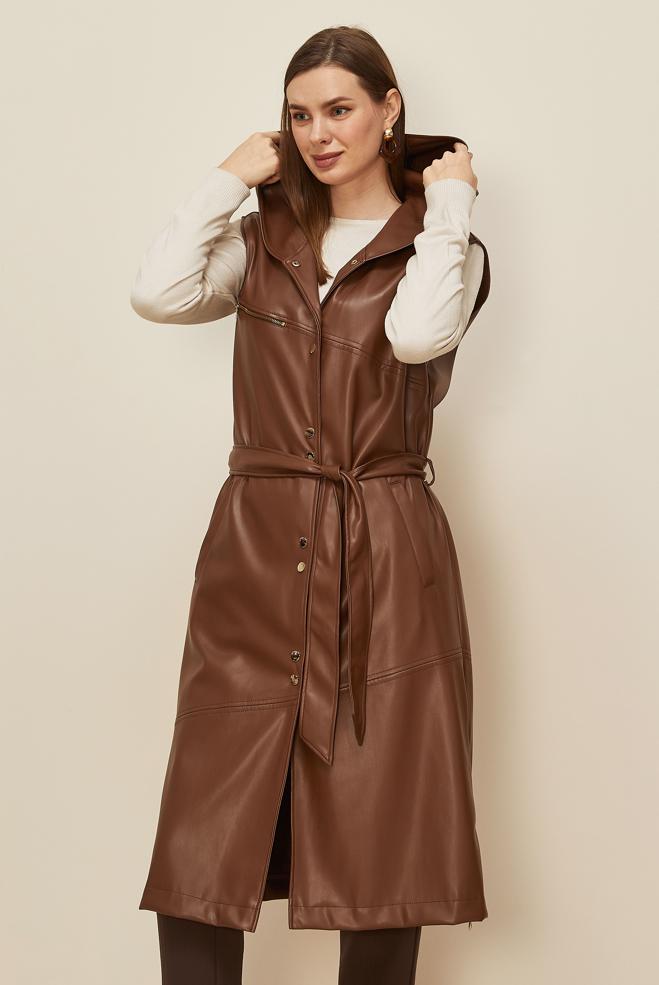 Tesettür giyim TABA KUŞAKLI SUNİ DERİ YELEK 45962 - ALVİNA