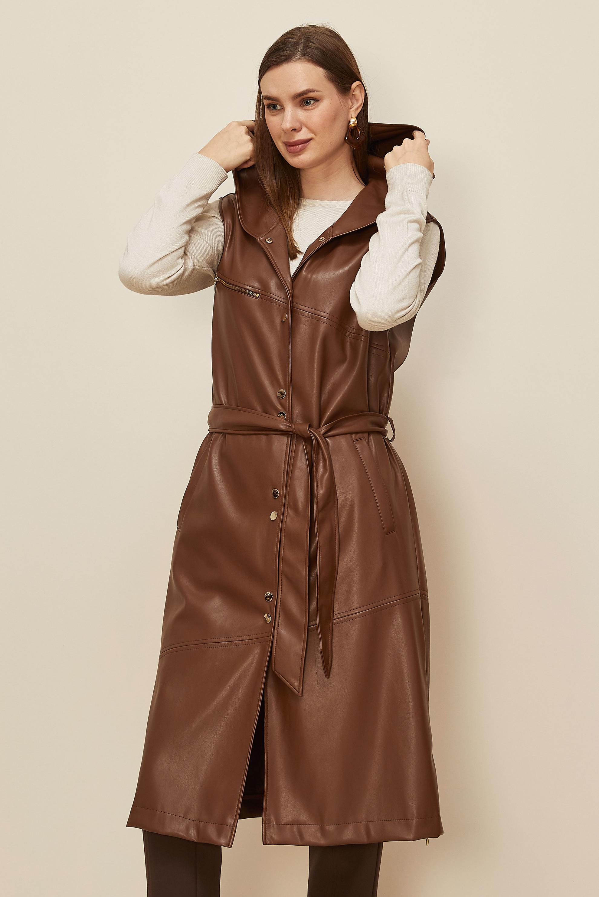 Tesettür giyim TABA KUŞAKLI SUNİ DERİ YELEK 45962