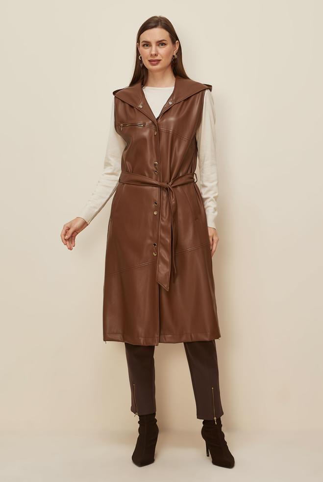 Tesettür giyim TABA KUŞAKLI SUNİ DERİ YELEK 45962 - ALVİNA