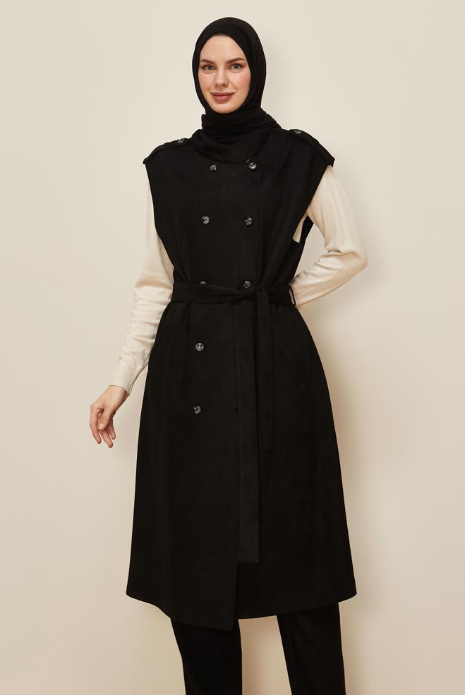 Tesettür giyim SİYAH 46085 EDNA SÜET YELEK 40-46 TEK38 - ALVİNA