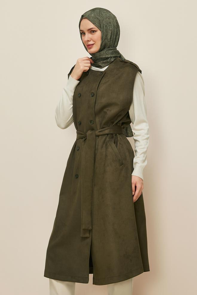 Tesettür giyim HAKİ 46085 EDNA SÜET YELEK 40-46 TEK38 - ALVİNA