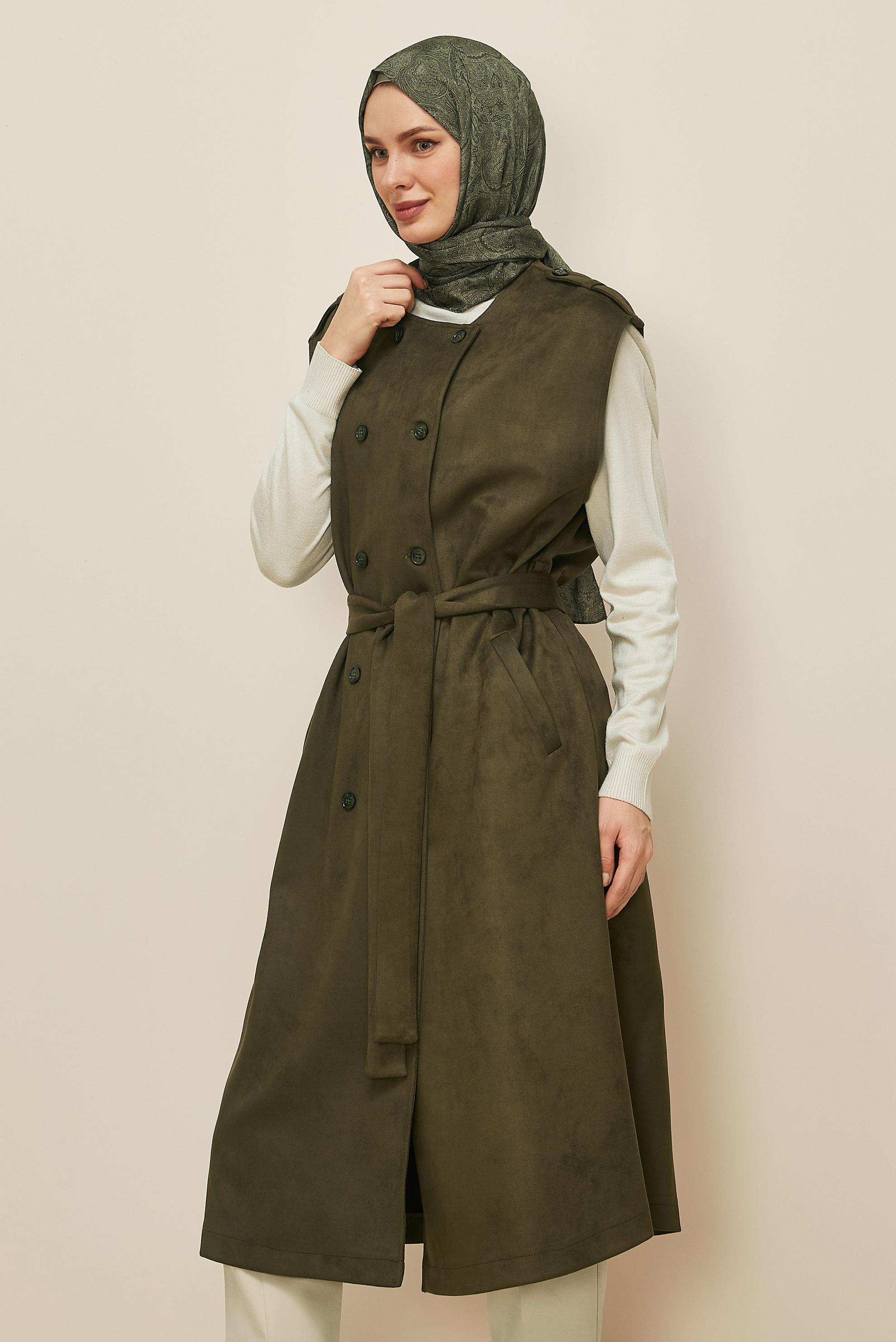 Tesettür giyim HAKİ 46085 EDNA SÜET YELEK 40-46 TEK38