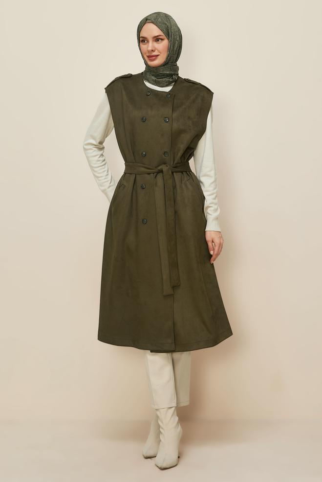 Tesettür giyim HAKİ 46085 EDNA SÜET YELEK 40-46 TEK38 - ALVİNA