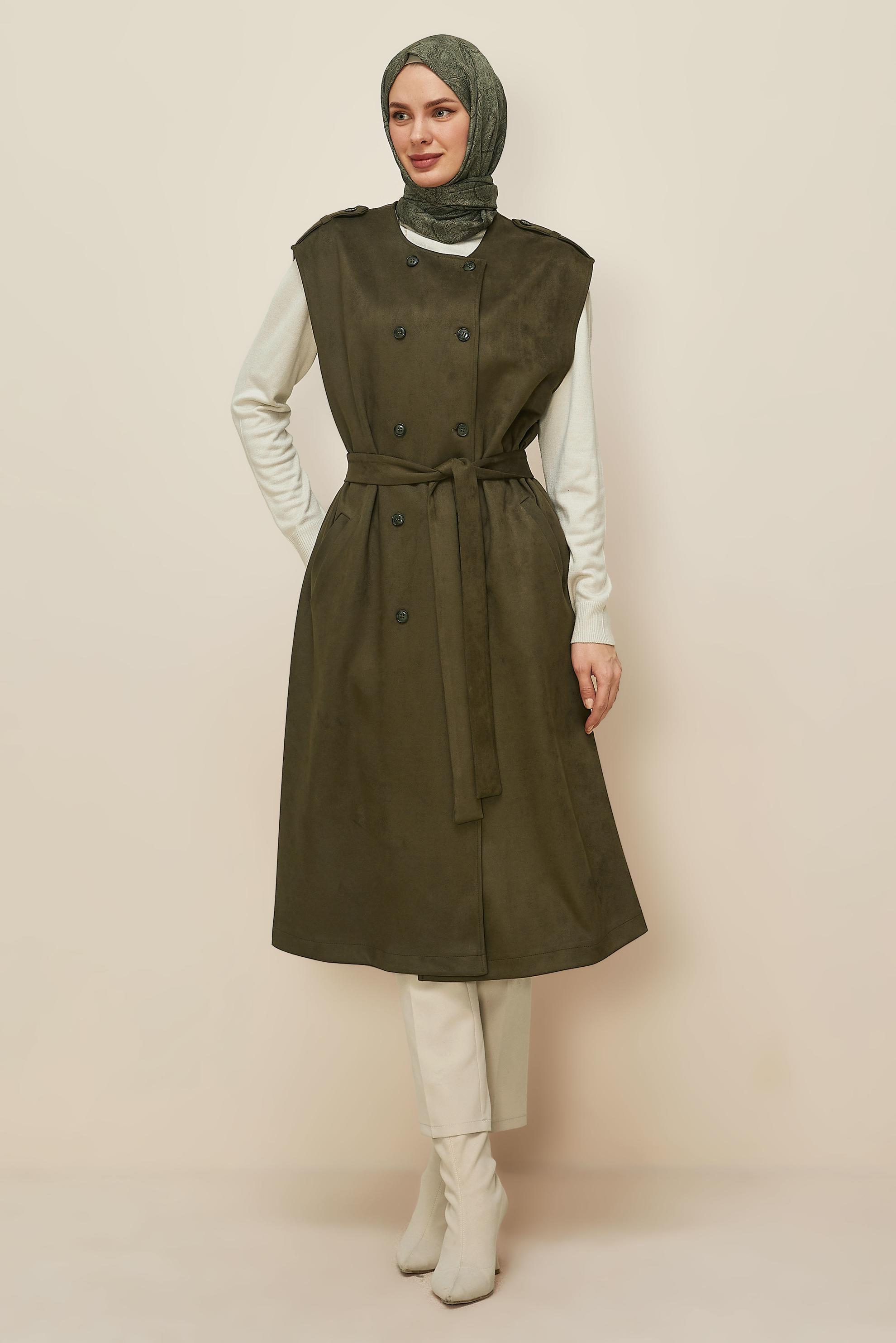 Tesettür giyim HAKİ 46085 EDNA SÜET YELEK 40-46 TEK38