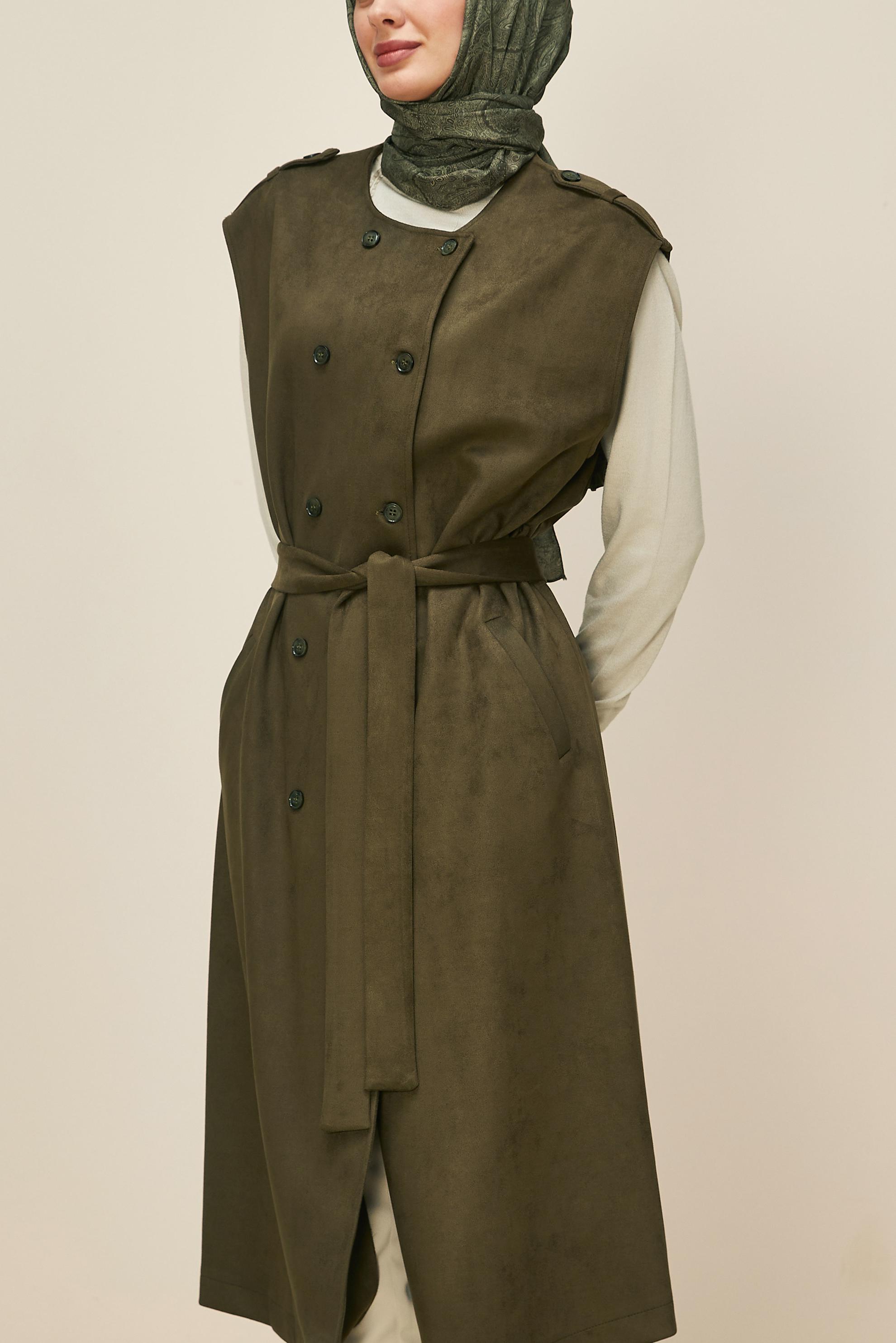 Tesettür giyim HAKİ 46085 EDNA SÜET YELEK 40-46 TEK38