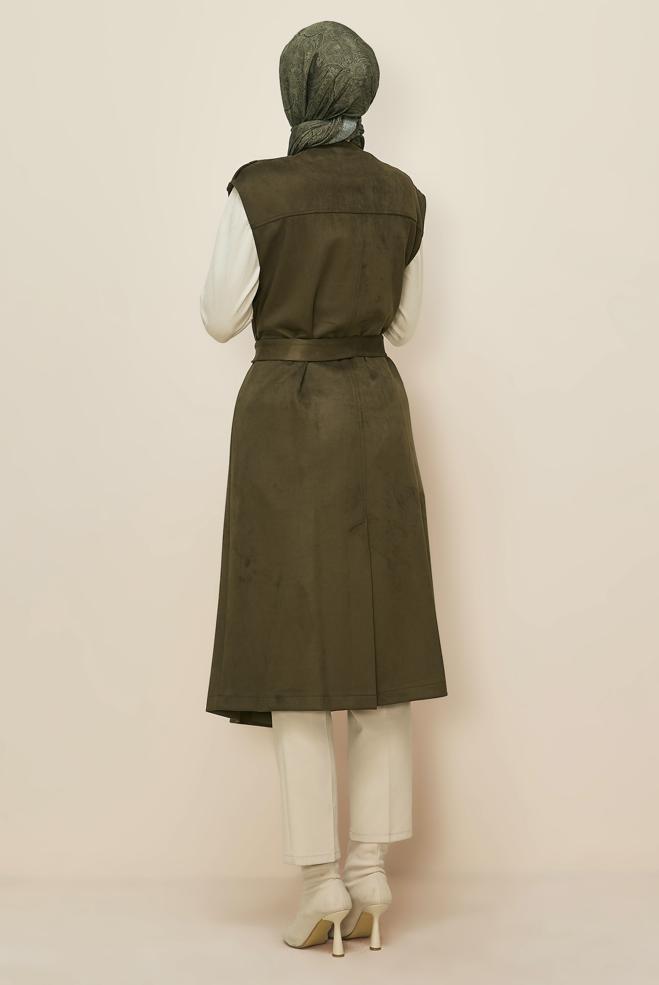 Tesettür giyim HAKİ 46085 EDNA SÜET YELEK 40-46 TEK38 - ALVİNA