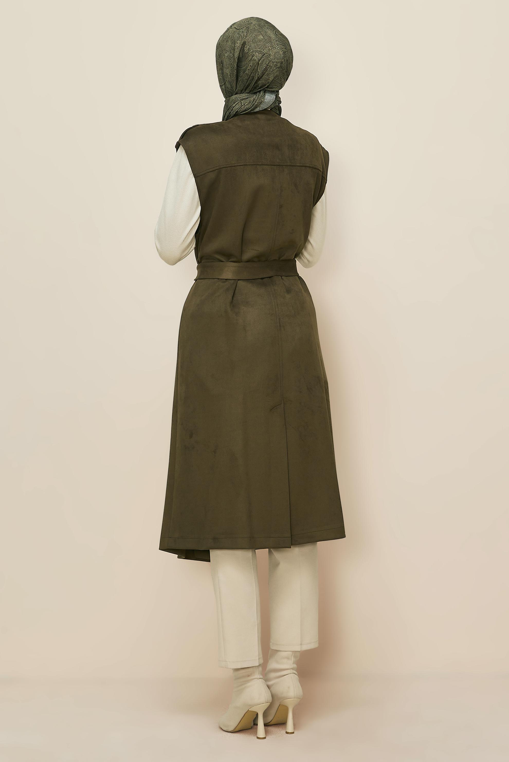 Tesettür giyim HAKİ 46085 EDNA SÜET YELEK 40-46 TEK38