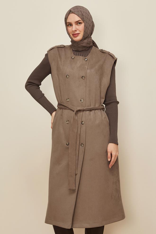 Tesettür giyim KAHVE 46085 EDNA SÜET YELEK 40-46 TEK38 - ALVİNA