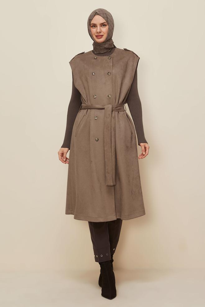 Tesettür giyim KAHVE 46085 EDNA SÜET YELEK 40-46 TEK38 - ALVİNA