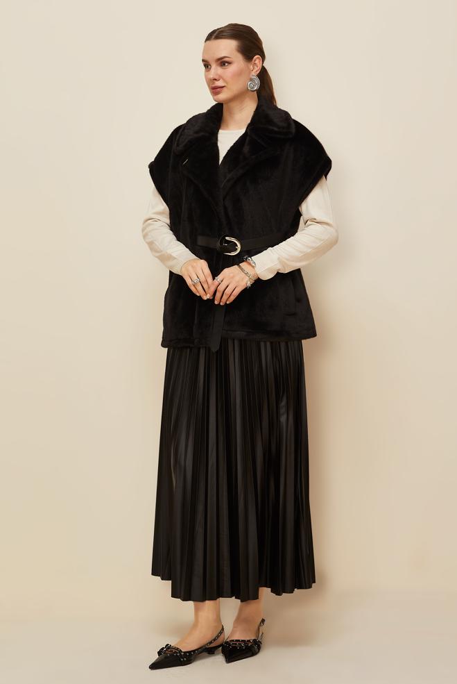 Tesettür giyim SİYAH KEMERLİ KÜRK YELEK 46111 - ALVİNA