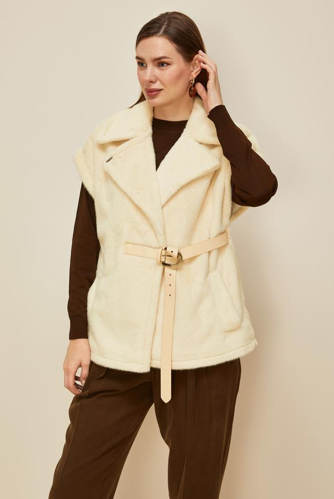 Hijab clothing ECRU BELTED FAUX-FUR VEST 46111 - ALVİNA