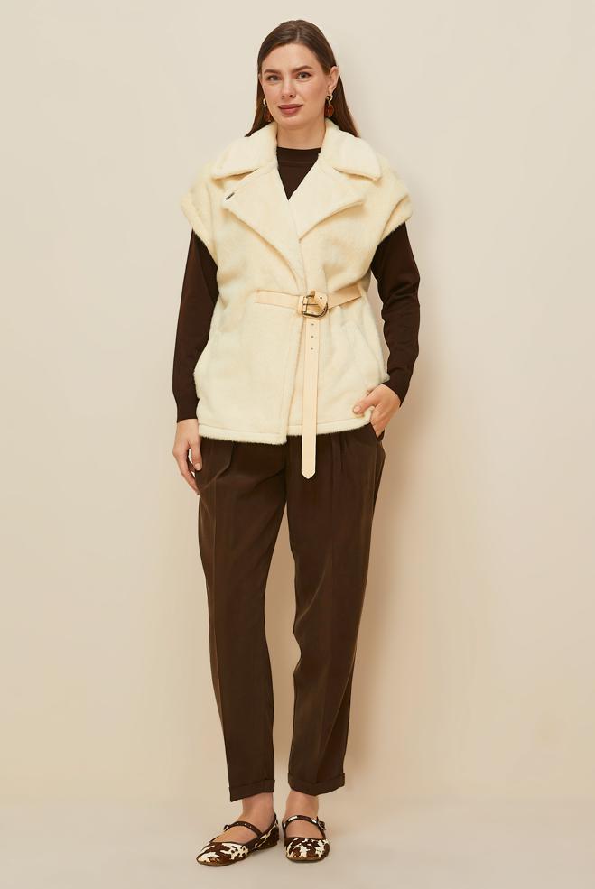 Hijab clothing ECRU BELTED FAUX-FUR VEST 46111 - ALVİNA