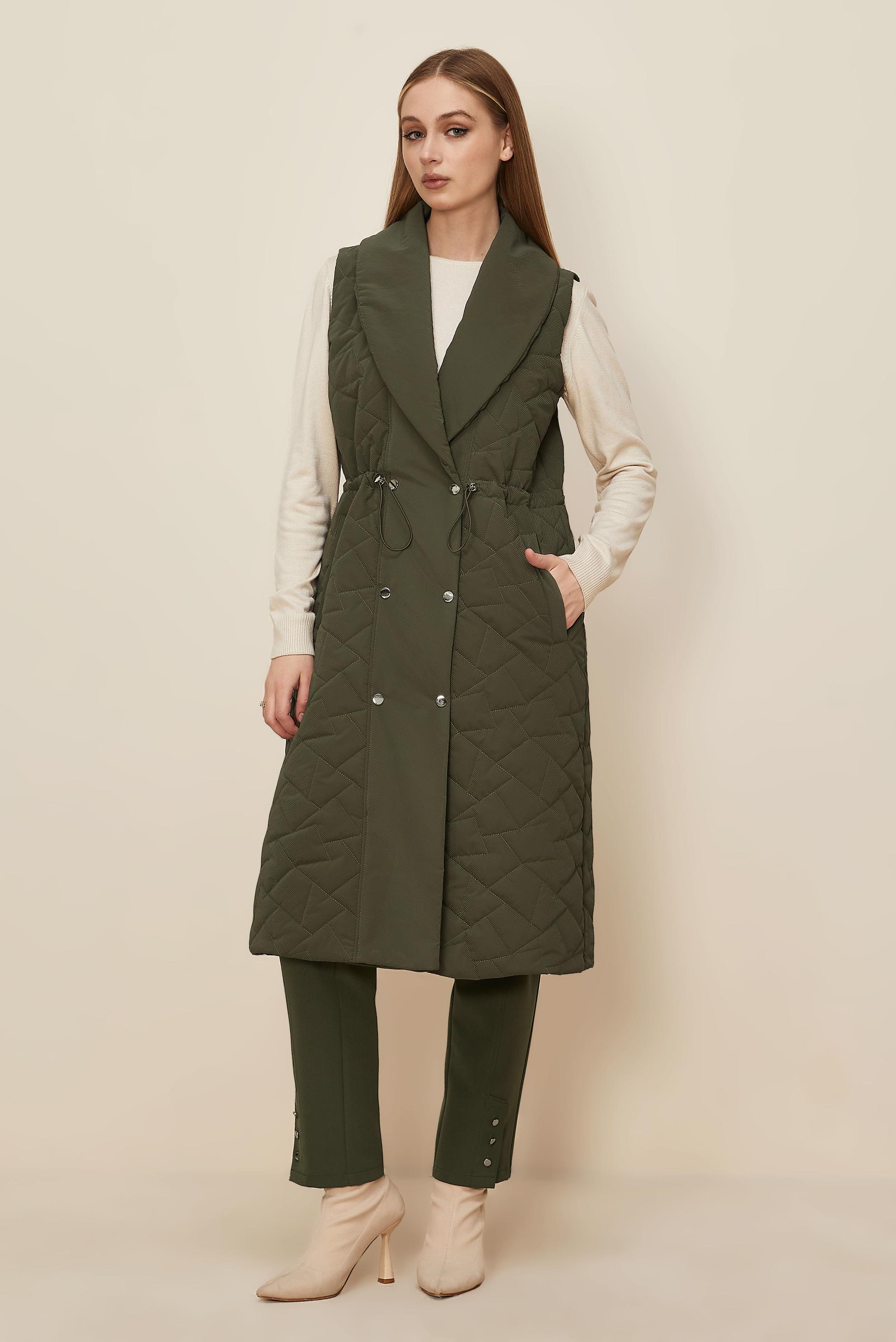 Tesettür giyim HAKİ BÜZGÜ DETAYLI KAPİTONE YELEK 46148