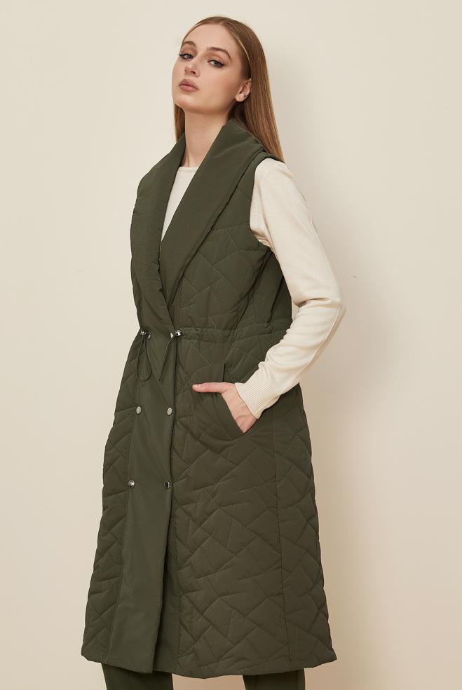 Tesettür giyim HAKİ BÜZGÜ DETAYLI KAPİTONE YELEK 46148 - ALVİNA