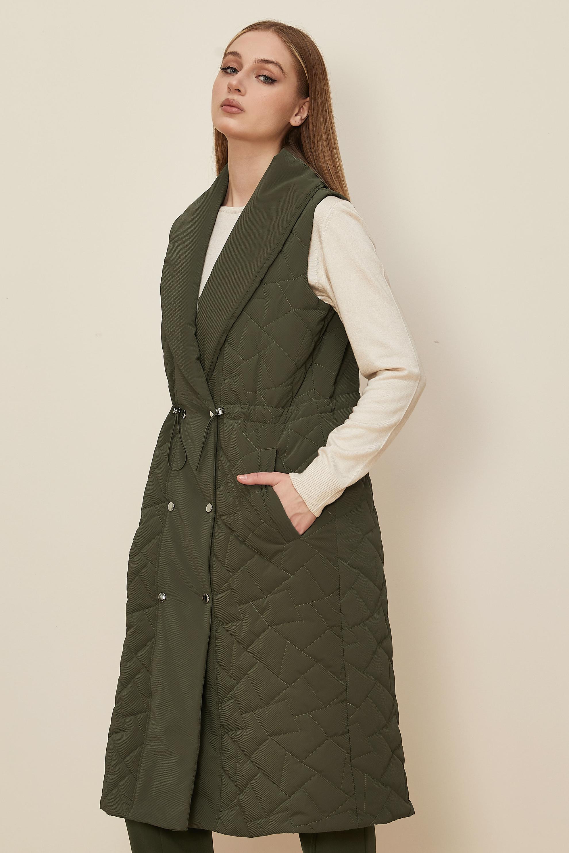 Tesettür giyim HAKİ BÜZGÜ DETAYLI KAPİTONE YELEK 46148