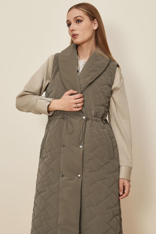 Tesettür giyim KAHVE BÜZGÜ DETAYLI KAPİTONE YELEK 46148 - ALVİNA