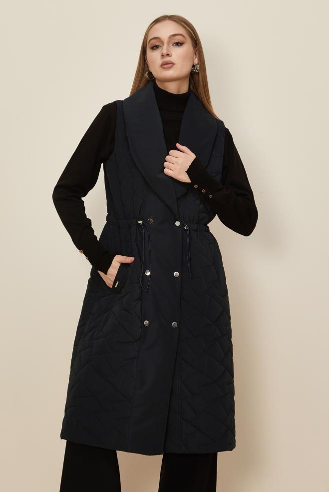 Tesettür giyim LACİVERT BÜZGÜ DETAYLI KAPİTONE YELEK 46148 - ALVİNA