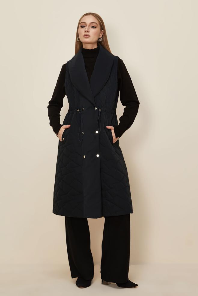 Tesettür giyim LACİVERT BÜZGÜ DETAYLI KAPİTONE YELEK 46148 - ALVİNA