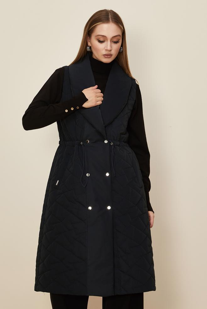 Tesettür giyim LACİVERT BÜZGÜ DETAYLI KAPİTONE YELEK 46148 - ALVİNA