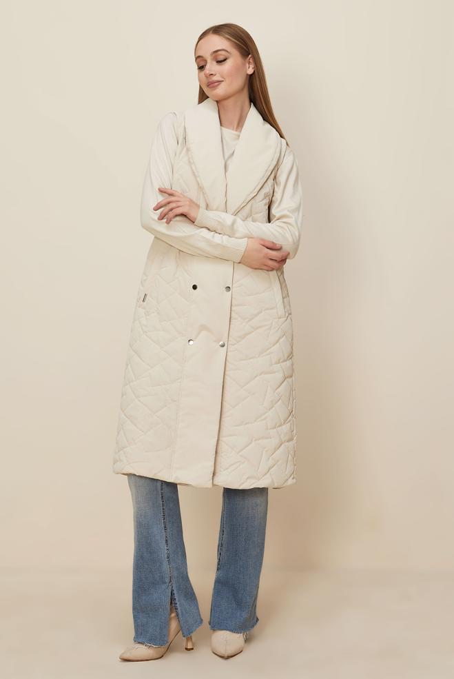 Tesettür giyim BEJ BÜZGÜ DETAYLI KAPİTONE YELEK 46148 - ALVİNA