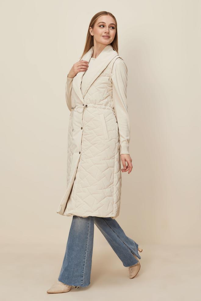 Tesettür giyim BEJ BÜZGÜ DETAYLI KAPİTONE YELEK 46148 - ALVİNA