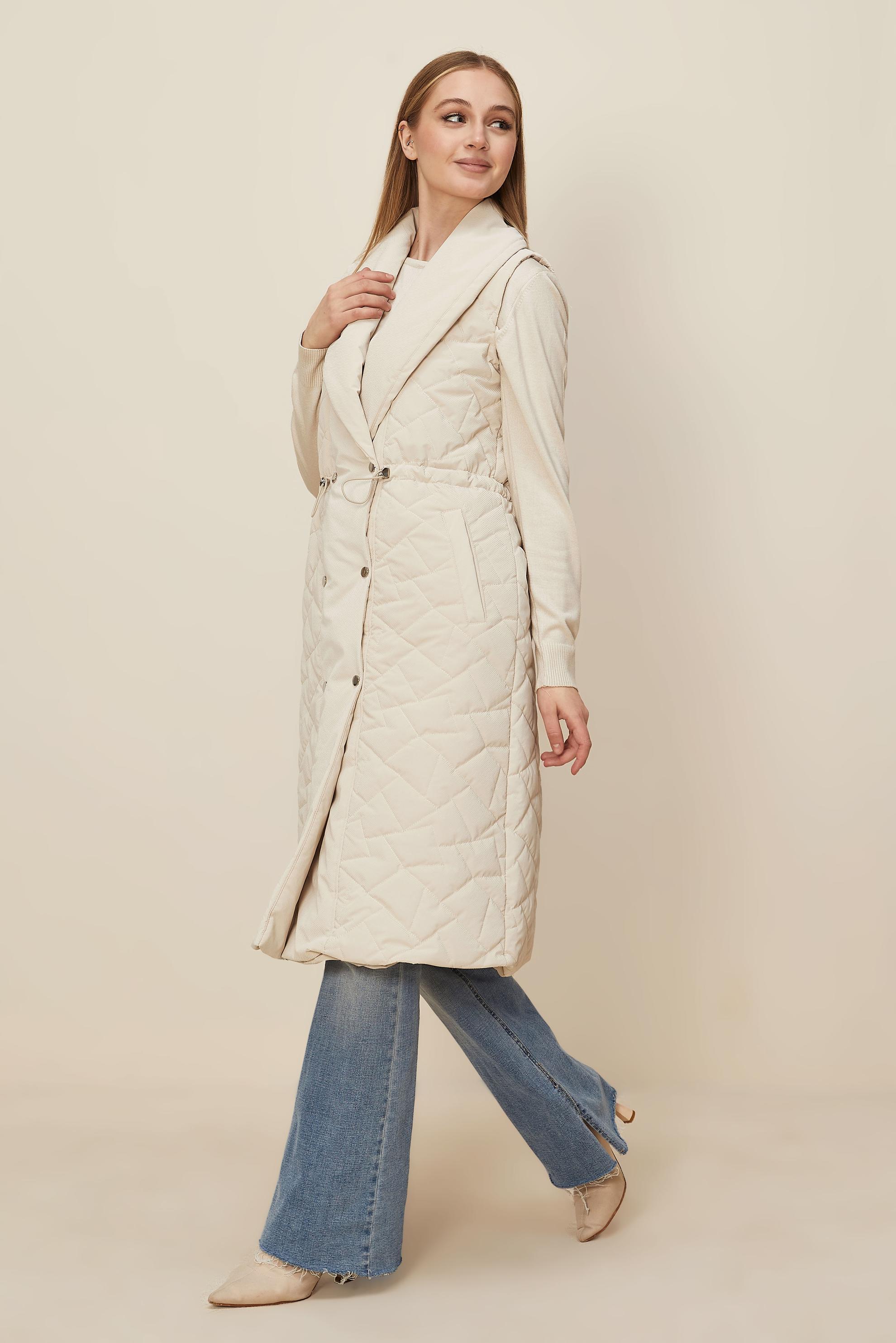 Tesettür giyim BEJ BÜZGÜ DETAYLI KAPİTONE YELEK 46148