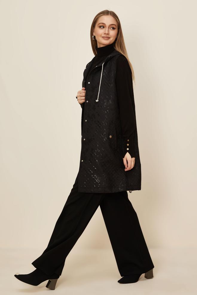 Tesettür giyim SİYAH VARAK BASKILI KAPİTONE YELEK 46150 - ALVİNA