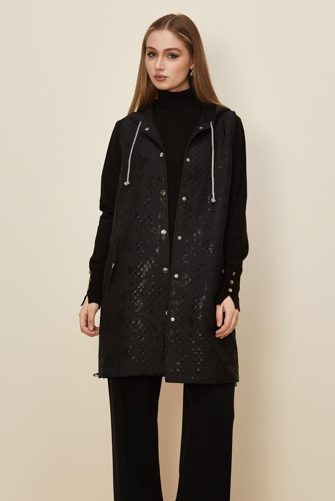 Tesettür giyim SİYAH VARAK BASKILI KAPİTONE YELEK 46150 - ALVİNA