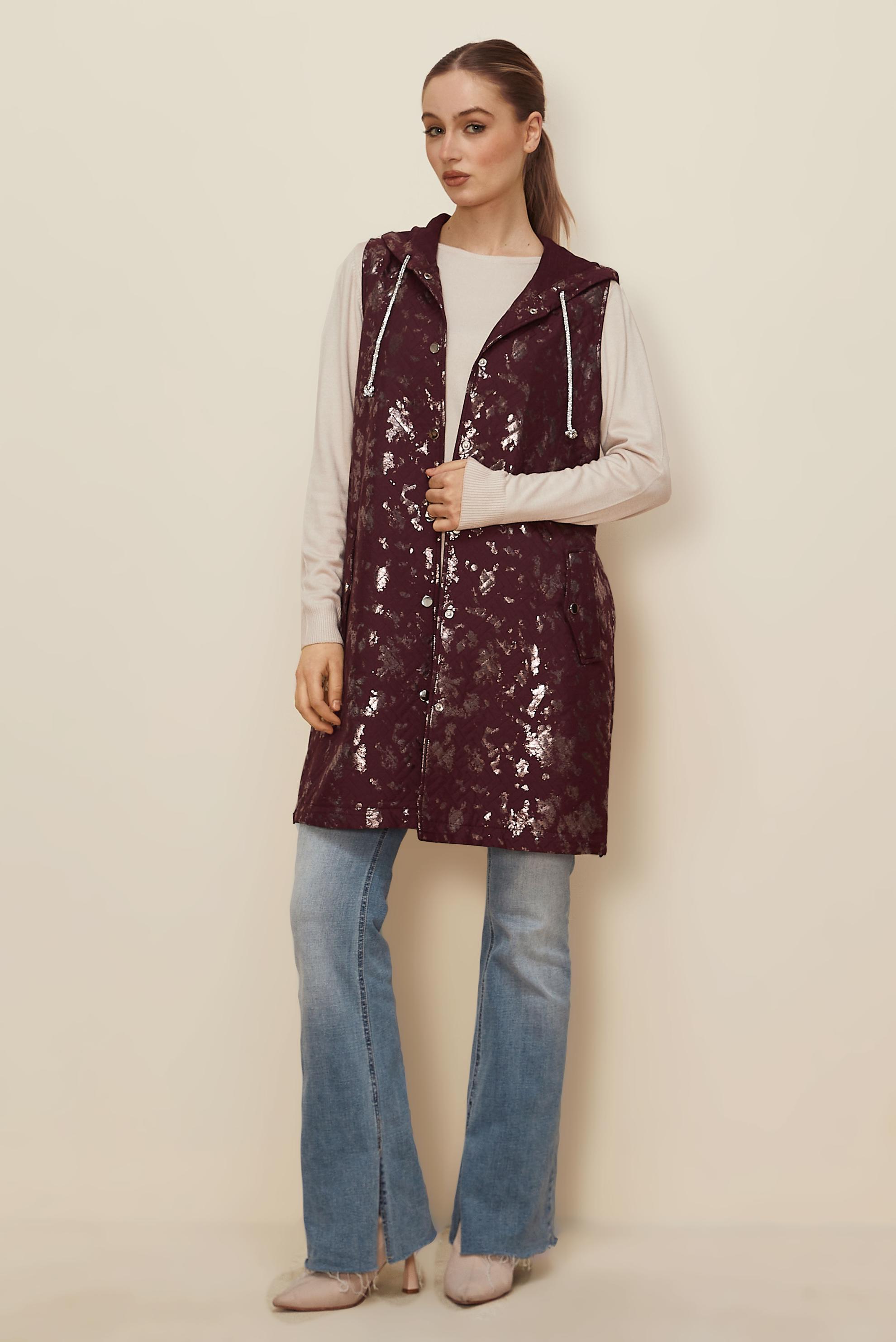 Tesettür giyim BORDO VARAK BASKILI KAPİTONE YELEK 46150