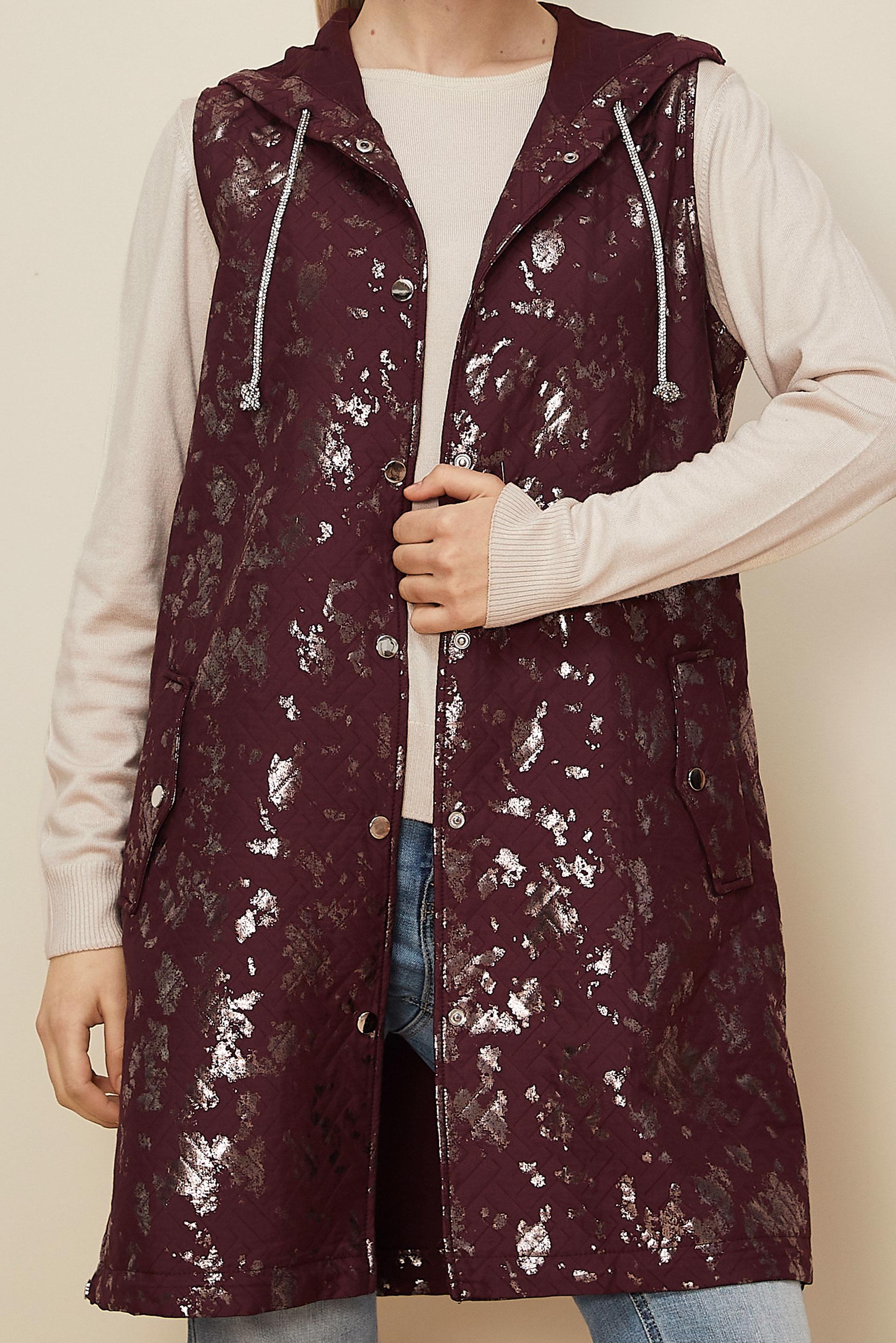 Tesettür giyim BORDO VARAK BASKILI KAPİTONE YELEK 46150