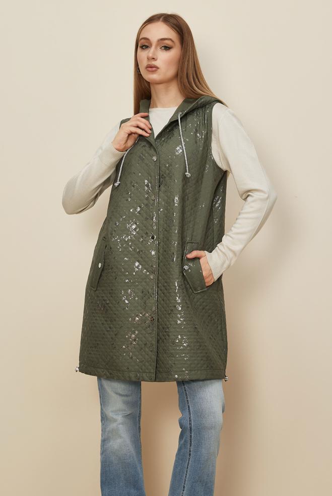 Tesettür giyim HAKİ VARAK BASKILI KAPİTONE YELEK 46150 - ALVİNA