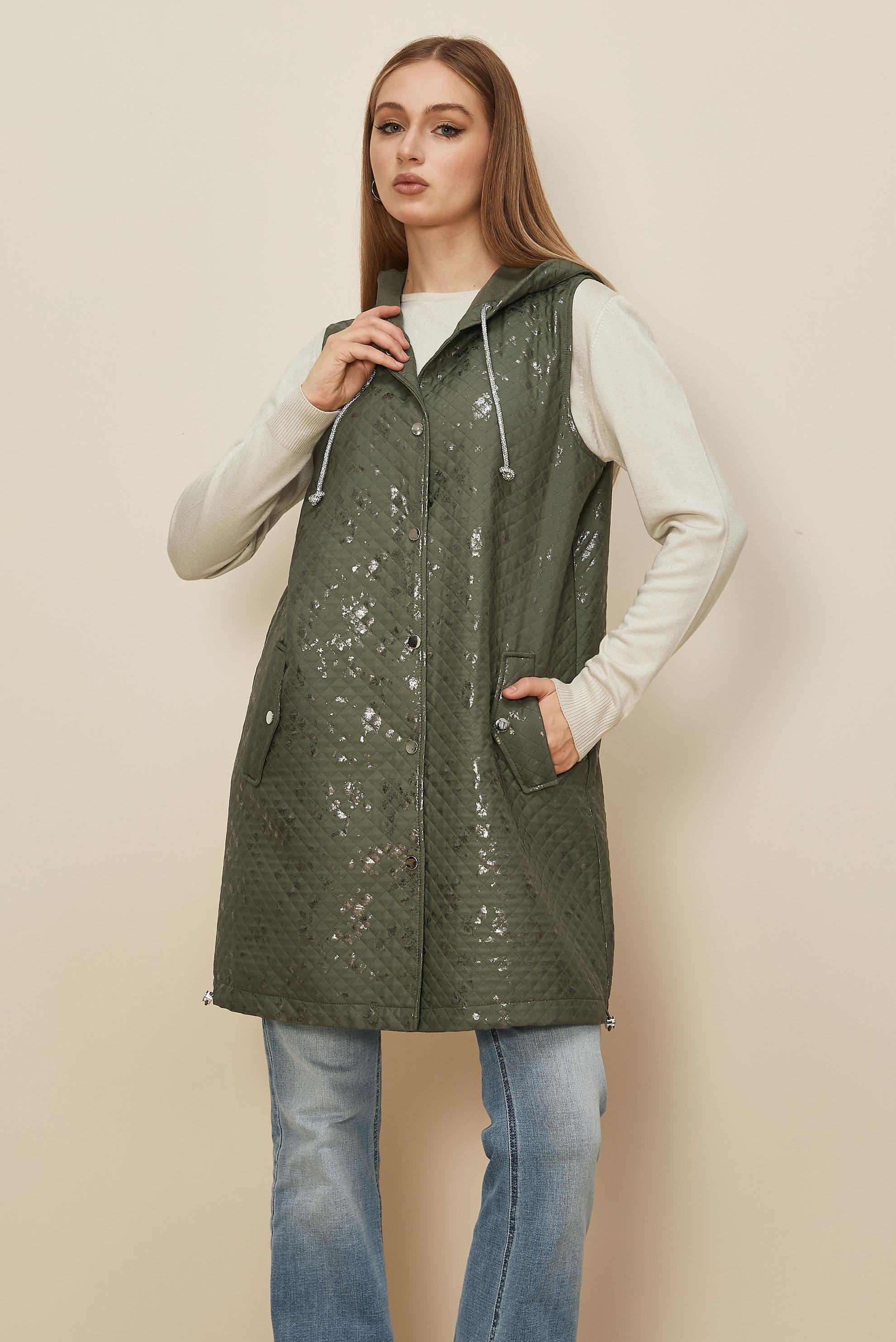 Tesettür giyim HAKİ VARAK BASKILI KAPİTONE YELEK 46150