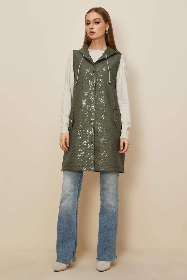 Tesettür giyim HAKİ VARAK BASKILI KAPİTONE YELEK 46150 - ALVİNA