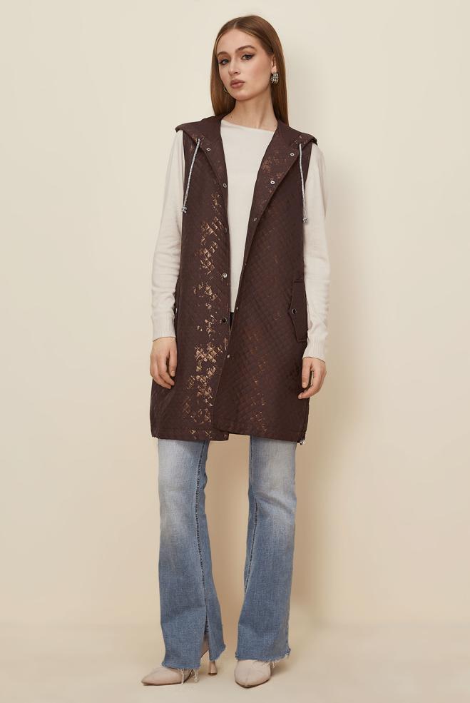 Tesettür giyim KAHVE VARAK BASKILI KAPİTONE YELEK 46150 - ALVİNA