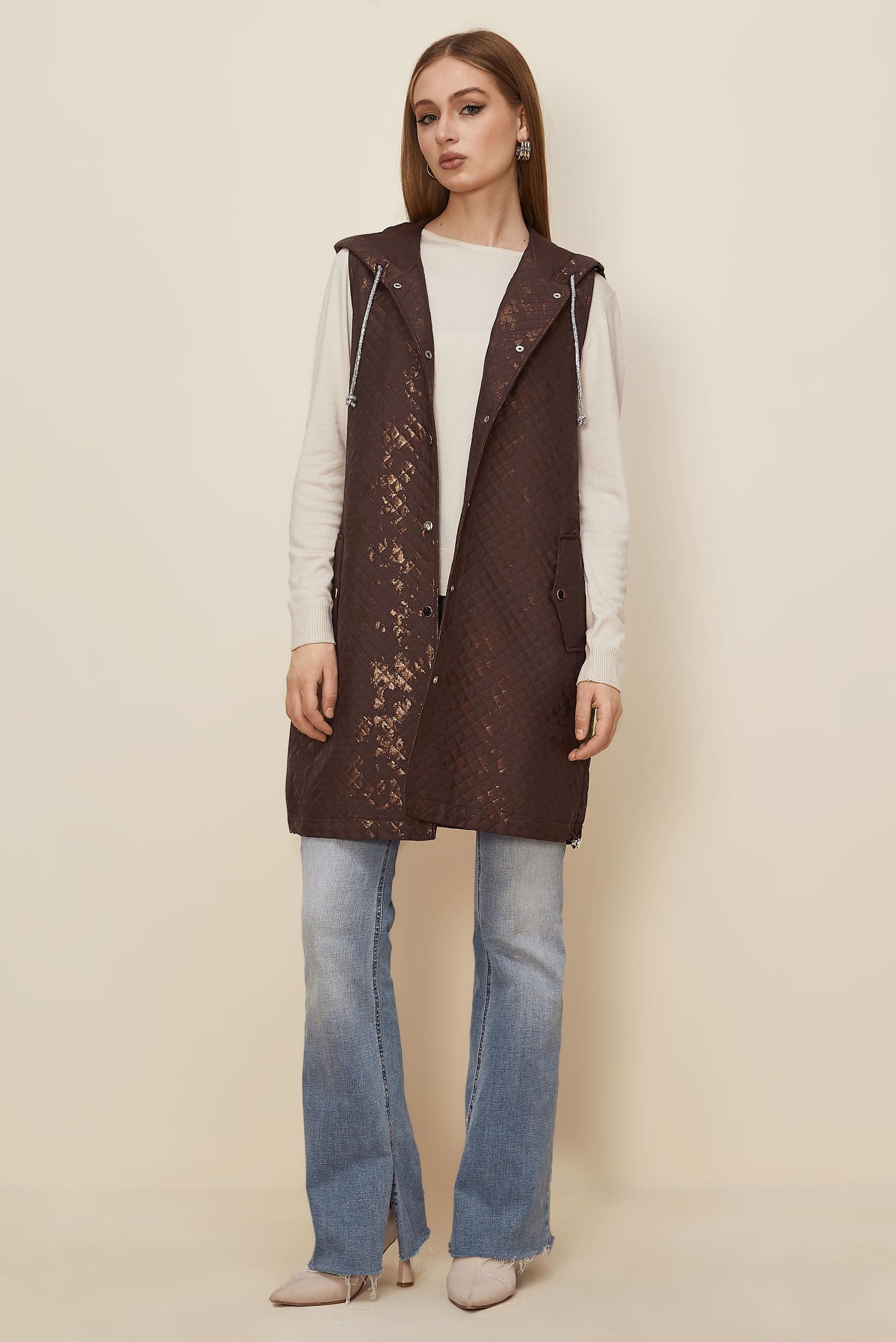 Tesettür giyim KAHVE VARAK BASKILI KAPİTONE YELEK 46150