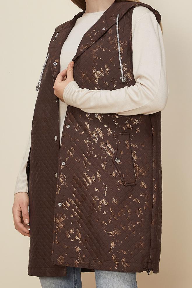 Tesettür giyim KAHVE VARAK BASKILI KAPİTONE YELEK 46150 - ALVİNA