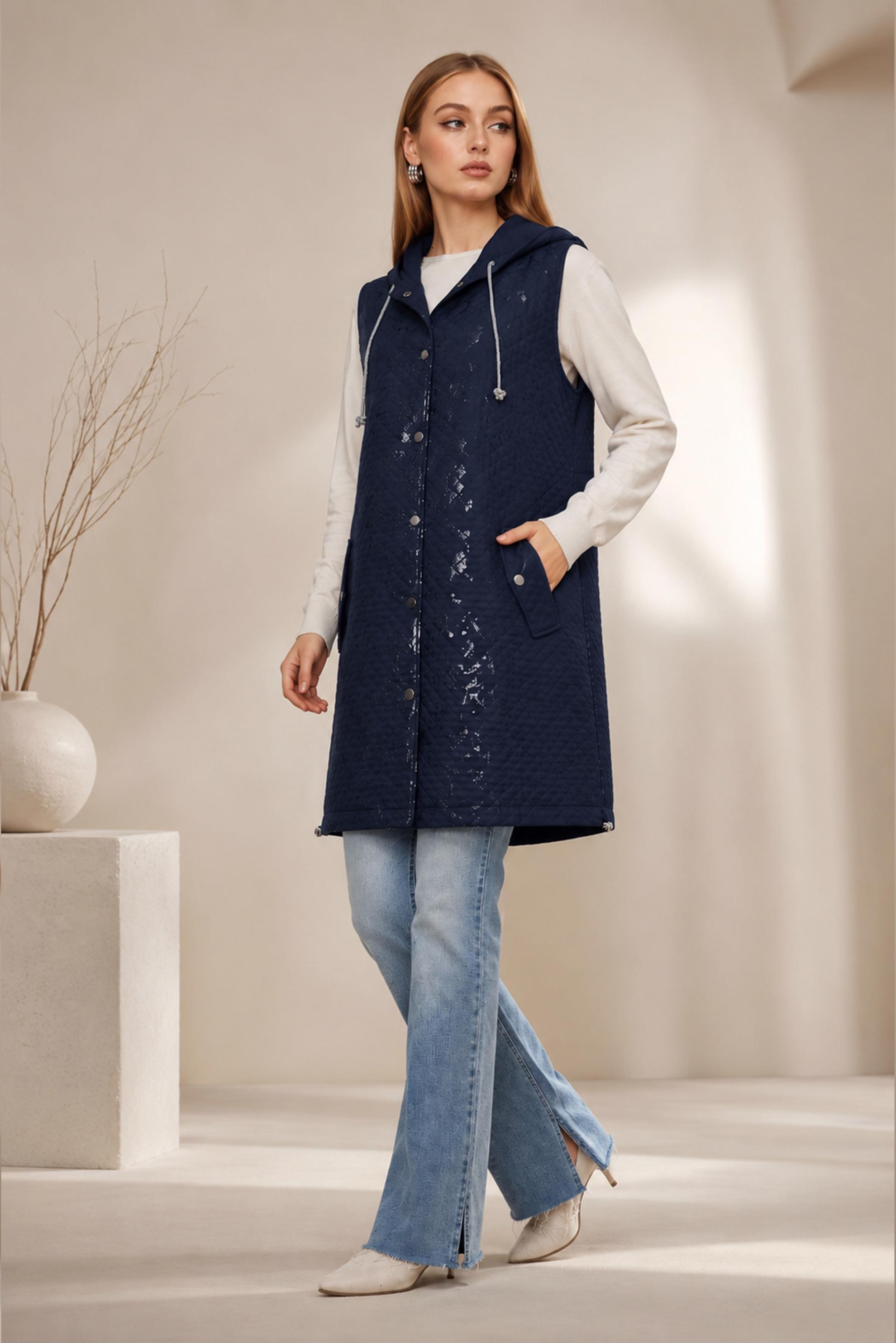Hijab clothing NAVY BLUE FOIL PRINTED QUILTED VEST 46150