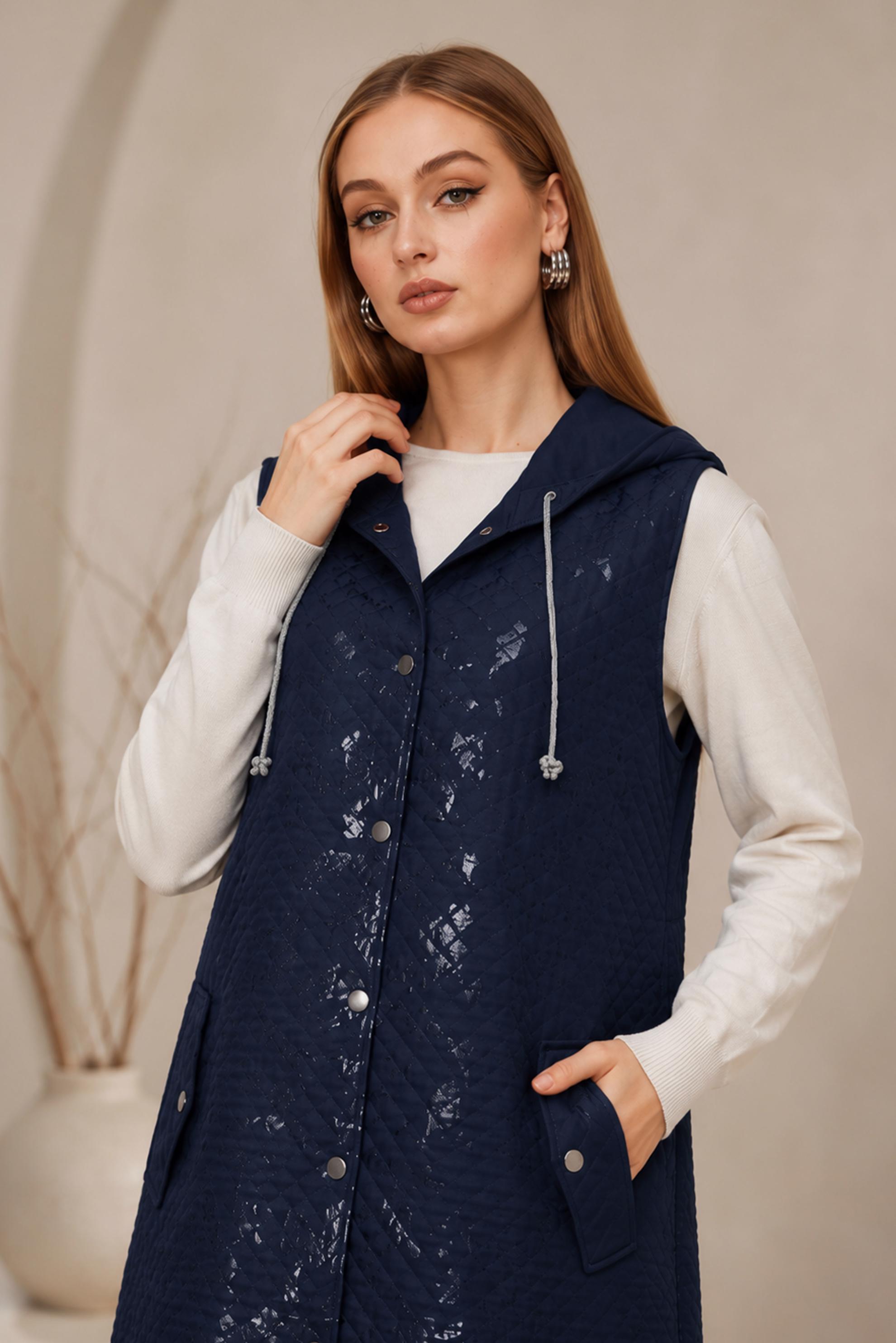 Hijab clothing NAVY BLUE FOIL PRINTED QUILTED VEST 46150